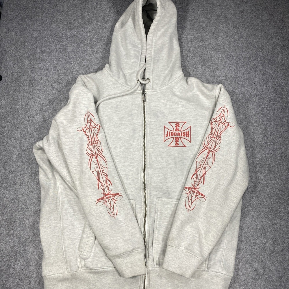 Jiberish Zip Hoodie Gray Iron Cross Y2K Streetwear Skate Full Zip Men’s XL.